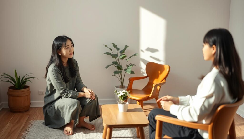 A serene counseling session in a softly lit room, with a young Japanese-looking woman sitting across from her client, their faces conveying deep empathy and attentive listening. The middle ground is filled with a low table, a warm wooden chair, and a plant, creating a calming, professional atmosphere. The background features subtle, muted tones, drawing the viewer's focus to the central interaction. Soft, directional lighting casts gentle shadows, heightening the sense of intimacy and reflection. The overall scene captures the essence of thoughtful, practiced counseling techniques.