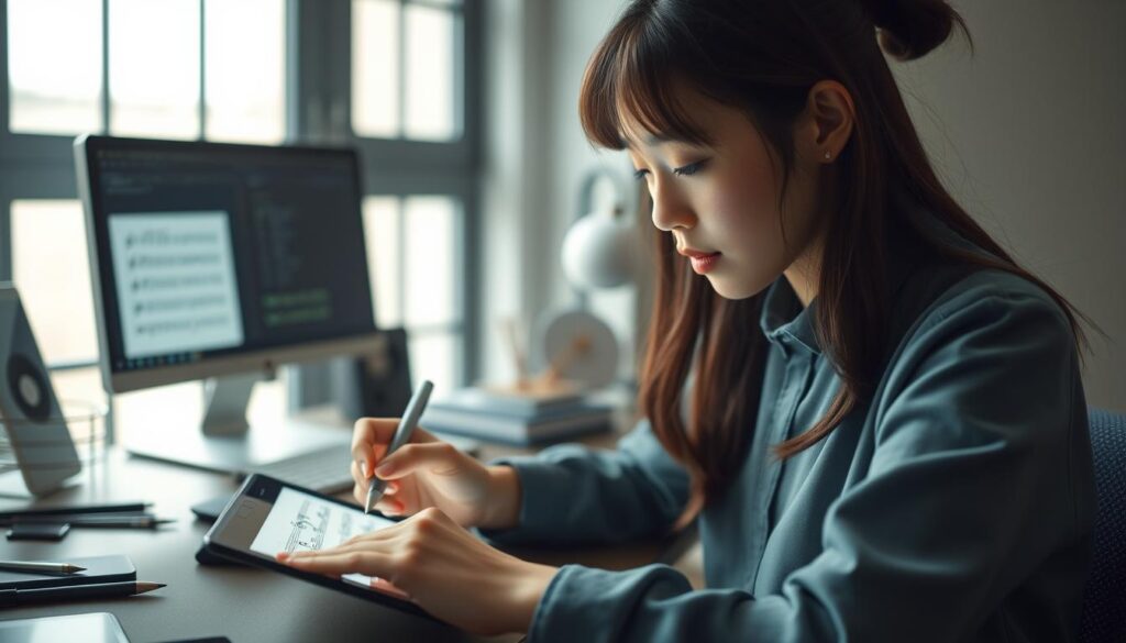 A serene digital workspace, where a young Japanese woman meticulously crafts musical scores using a tablet and stylus. The soft glow of the screen illuminates her face, her fingers deftly tracing the lines and curves of the digital sheet music. Behind her, a minimalist office setup, with a sleek computer monitor and a carefully curated collection of music-related tools. The atmosphere is one of focused concentration, with a sense of effortless efficiency that embodies the evolution of the traditional craft of score-writing in the digital age.