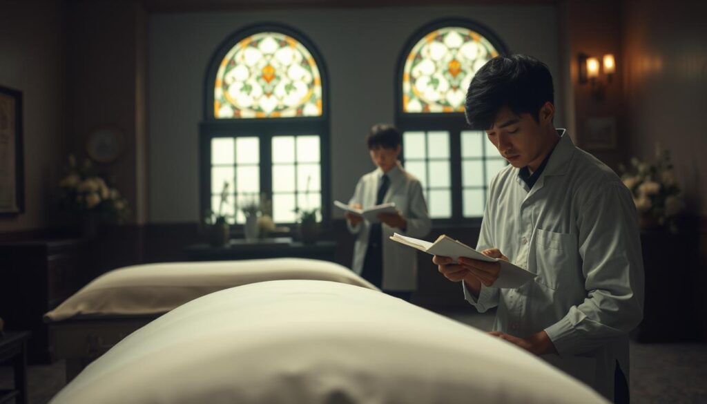 A serene, dimly lit funeral home interior. In the foreground, a young, solemn-faced Japanese mortician carefully prepares a body for burial, meticulously arranging the linens and adjusting the positioning. In the middle ground, another mortician reviews a ledger, methodically planning the day's schedule of viewings and processions. The background is hushed and reverent, with tasteful floral arrangements and muted natural light filtering through stained-glass windows. The overall atmosphere is one of quiet professionalism and dutiful respect for the departed. A photorealistic, cinematic scene captured with a wide-angle lens and soft, warm lighting.