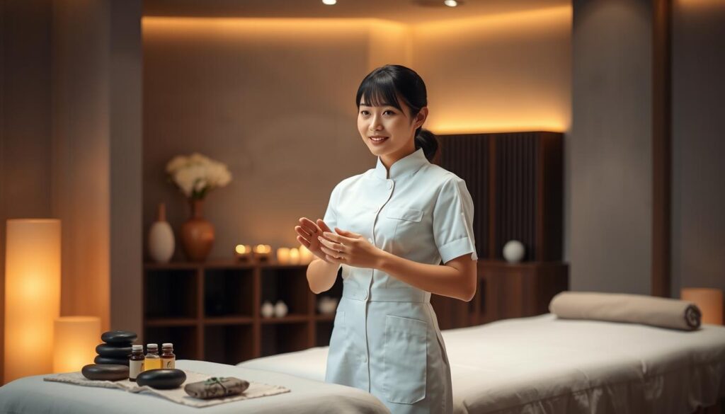 A serene, dimly lit massage studio with a young, professional Japanese masseuse in the foreground, dressed in a crisp white uniform. She stands with perfect posture, her hands delicately positioned, ready to deliver a soothing, therapeutic touch. The middle ground features various massage tools and equipment, such as hot stones, essential oils, and a padded massage table. The background is softly blurred, suggesting a tranquil, spa-like atmosphere with subtle lighting and calming decor. The overall scene conveys a sense of expertise, tranquility, and the promise of a rejuvenating massage experience.