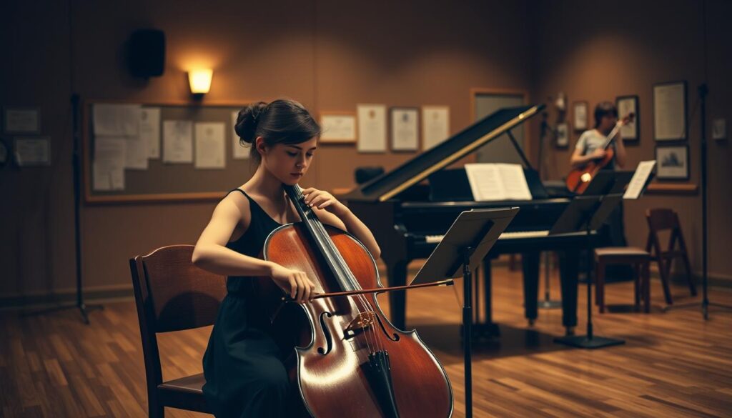 A serene, dimly lit rehearsal hall. In the center, a young, focused cellist sits on a wooden chair, her fingers delicately gliding across the strings, lost in the rich, resonant tones of her instrument. Behind her, a grand piano stands, its keys inviting collaborative musicianship. The walls are adorned with sheet music, music stands, and the occasional diploma or award, hinting at the cellist's dedication and accomplishments. Warm, indirect lighting casts a contemplative atmosphere, as if capturing a pivotal moment in the cellist's journey towards mastery of her craft.