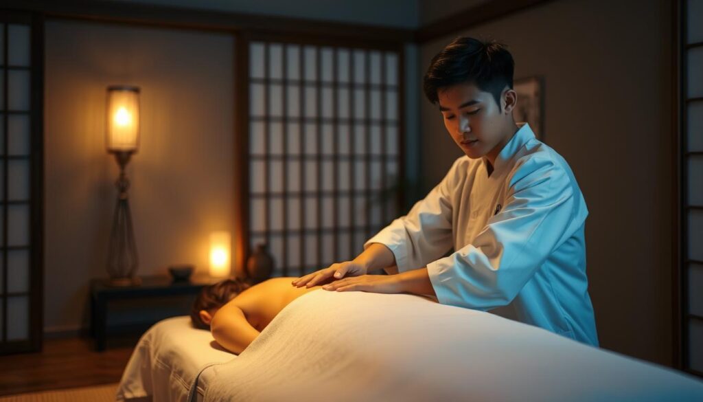 A serene, dimly lit room with a young, Japanese-looking male therapist, clad in a white uniform, skillfully applying acupressure techniques to a client resting on a massage table. The room is adorned with traditional Japanese decor, creating a calming, therapeutic atmosphere. Soft, warm lighting casts a gentle glow, highlighting the therapist's focused expression and the client's relaxed posture. The scene conveys the process of earning the massage therapist certification, the dedication and expertise required to provide this traditional healing practice.