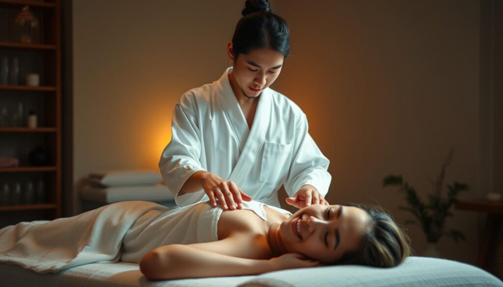 A serene, dimly lit room with soft, warm lighting. An experienced aromatherapist in a white robe stands over a young, Japanese-looking client lying on a massage table. The therapist's hands gently massage the client's shoulders, using smooth, flowing motions. The room is filled with the calming scents of essential oils, creating a peaceful, tranquil atmosphere. The therapist's expression is one of focused concentration, while the client's face conveys a sense of deep relaxation. The scene is captured from a slightly elevated angle, emphasizing the therapist's skilled, professional touch.