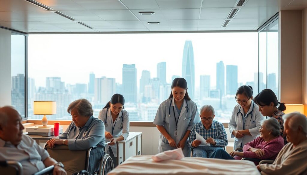 A serene elderly care facility set against a backdrop of a bustling city skyline, symbolizing the growing demand for skilled caregivers in Japan's rapidly aging society. In the foreground, a group of young, ethnically diverse healthcare professionals diligently tending to the needs of their elderly patients, their expressions conveying compassion and expertise. Soft, warm lighting illuminates the scene, creating an atmosphere of tranquility and professionalism. The image captures the vital role of caregivers in supporting the well-being of the elderly, and the promising future of this essential profession in the face of Japan's demographic shifts.