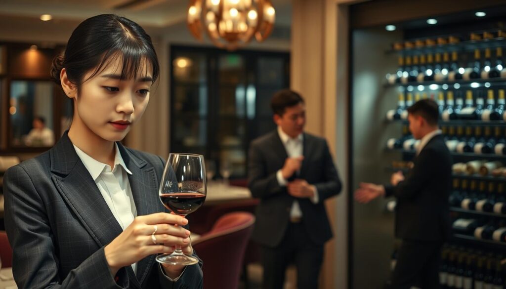 A serene, elegantly lit scene depicting the career paths available to a sommelier. In the foreground, a young Japanese-looking woman in a tailored suit examines a fine wine, her expression thoughtful. Behind her, a well-appointed restaurant interior with tasteful furnishings and lighting sets the mood. In the middle ground, another sommelier converses with a customer, guiding them through a wine pairing. In the background, a third sommelier stands beside an impressive wine cellar, contemplating the vintage bottles. The overall atmosphere conveys the sophistication, expertise, and rewarding nature of the sommelier profession.