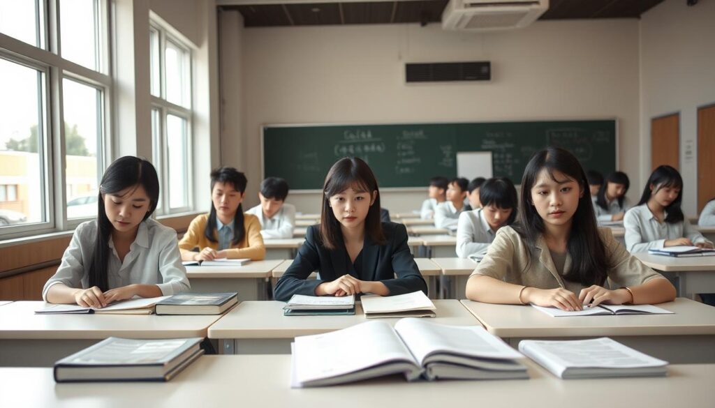 A serene examination hall, softly illuminated by natural light filtering through large windows. In the foreground, a group of young Japanese individuals, their focused expressions betraying their diligent preparation for the "Odor Evaluation Technician Qualification Exam." Meticulously arranged desks, clean and orderly, create a sense of order and professionalism. The middle ground showcases an array of reference materials, including textbooks and examination guides, reflecting the studious nature of the scene. In the background, a chalkboard or whiteboard stands as a testament to the academic environment, adding to the atmosphere of intellectual rigor. The overall mood is one of quiet determination, as the examinees strive to master the intricacies of odor evaluation and secure their coveted certification.