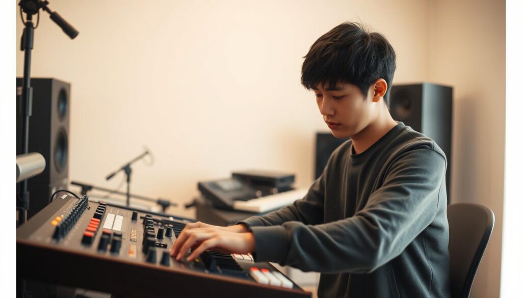 A serene, expertly lit studio scene featuring a young Japanese-looking person intently manipulating various music equipment and instruments. The subject's face exudes deep concentration as they meticulously adjust knobs, sliders, and buttons, showcasing their profound musical knowledge and technical prowess. The background is a subtly blurred, minimalist setup, allowing the focus to remain on the subject's skilled hands and focused expression. Warm, natural lighting illuminates the scene, creating a contemplative and professional atmosphere. The overall impression conveys the specialized expertise and dedication required of a skilled music manipulator.