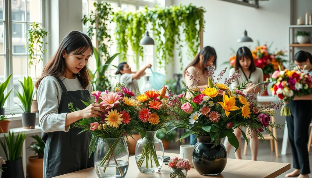 A serene floral studio with natural lighting, showcasing a diverse group of young Japanese-looking floral designers at work. In the foreground, a designer carefully arranges vibrant blooms in a contemporary vase, their focused expression mirrored in the delicate movements of their hands. In the middle ground, another designer waters a lush indoor garden, surrounded by potted plants and cascading greenery. In the background, a third designer meticulously crafts a stunning bouquet, their creative process visible in the thoughtful placement of each stem. The atmosphere is one of quiet concentration and artistic passion, capturing the multifaceted nature of a floral designer's career.