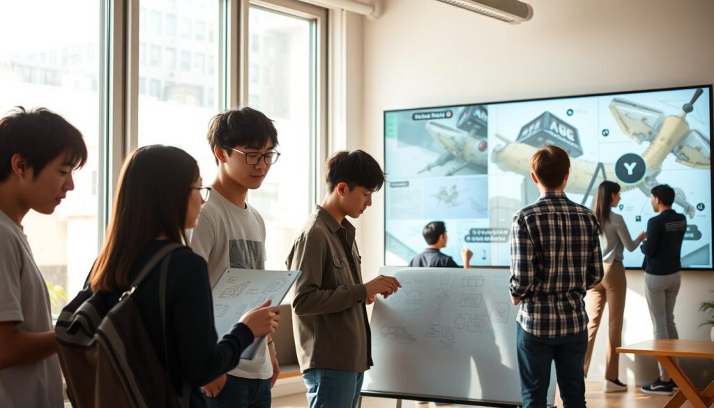 A serene, focused workspace with young Japanese-looking game designers collaborating on a digital whiteboard. The bright, natural lighting filters through large windows, casting a warm glow over the scene. In the foreground, three designers intently discuss sketches and layouts, their body language animated as they refine the game's visual style. In the middle ground, a designer examines 3D models on a high-resolution display, tweaking the shading and textures. In the background, a team brainstorms on a wall-mounted touchscreen, their expressions thoughtful as they explore new gameplay mechanics. An atmosphere of creative flow and concentrated problem-solving pervades the entire workspace.