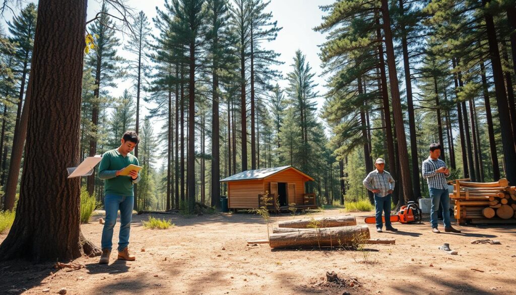 A serene forest clearing on a sunny day, with a group of young Japanese-looking individuals engaged in various forestry activities. In the foreground, a man examines a tree trunk, clipboard in hand, while his colleagues operate a chainsaw or inspect seedlings. The middle ground features a small wooden cabin and a stack of freshly sawn logs. In the background, tall evergreen trees sway gently in the breeze, casting dappled shadows across the scene. The lighting is natural and warm, creating a sense of tranquility and industry. The overall atmosphere conveys the importance of acquiring the necessary certifications and skills to work responsibly in this sustainable industry.