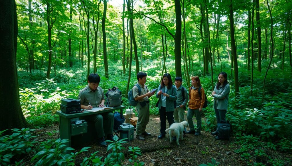 A serene forest clearing, sunlight filtering through the canopy, illuminating a small research station. In the foreground, a young Japanese field biologist in khaki uniform diligently records observations, surrounded by an array of scientific equipment. In the middle ground, their colleagues engage in lively discussion, studying soil samples and monitoring wildlife activity. In the background, the dense, verdant undergrowth of the protected nature reserve stretches out, hinting at the wealth of biodiversity under their care. The atmosphere is one of dedicated, purposeful work in harmony with the natural world.