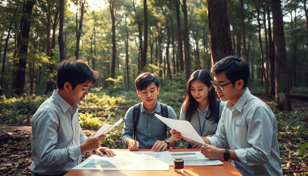 A serene forest clearing with a team of young, Japanese-looking forest consultants gathered around a table, intently discussing their latest project. Warm, natural lighting filters through the lush canopy above, casting a soft, contemplative glow on their faces. They examine maps, charts, and samples, immersed in solving the challenges and envisioning the future of sustainable forest management. The scene exudes a sense of dedication, expertise, and a deep connection to the natural world they aim to protect and nurture.