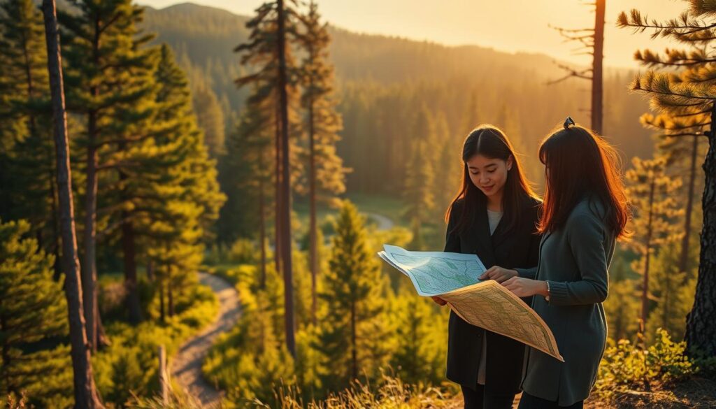 A serene forest landscape bathed in warm, golden light. In the foreground, three forest consultants - a young man and two women, all with dark, Japanese-inspired features - stand together, examining a detailed map and discussing their findings. The middle ground features a lush, verdant forest, with towering trees and a winding path leading deeper into the woods. In the background, a distant mountain range rises, casting long shadows across the scene. The overall atmosphere is one of contemplation and professional expertise, reflecting the subject's focus on understanding and managing forest resources.