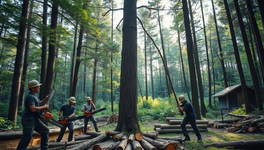 A serene forest landscape, dappled with sunlight filtering through the lush canopy. In the foreground, a group of young Japanese forestry workers, their faces weathered but determined, expertly wielding their saws and chainsaws to fell a towering tree. The sound of machinery and the creak of wood echoes through the tranquil scene. In the middle ground, piles of freshly cut logs await transportation, while in the background, a small cabin nestles amidst the verdant undergrowth, hinting at the workers' humble living quarters. The image conveys the hard work, skill, and connection to nature that define the life of a Japanese forestry professional.