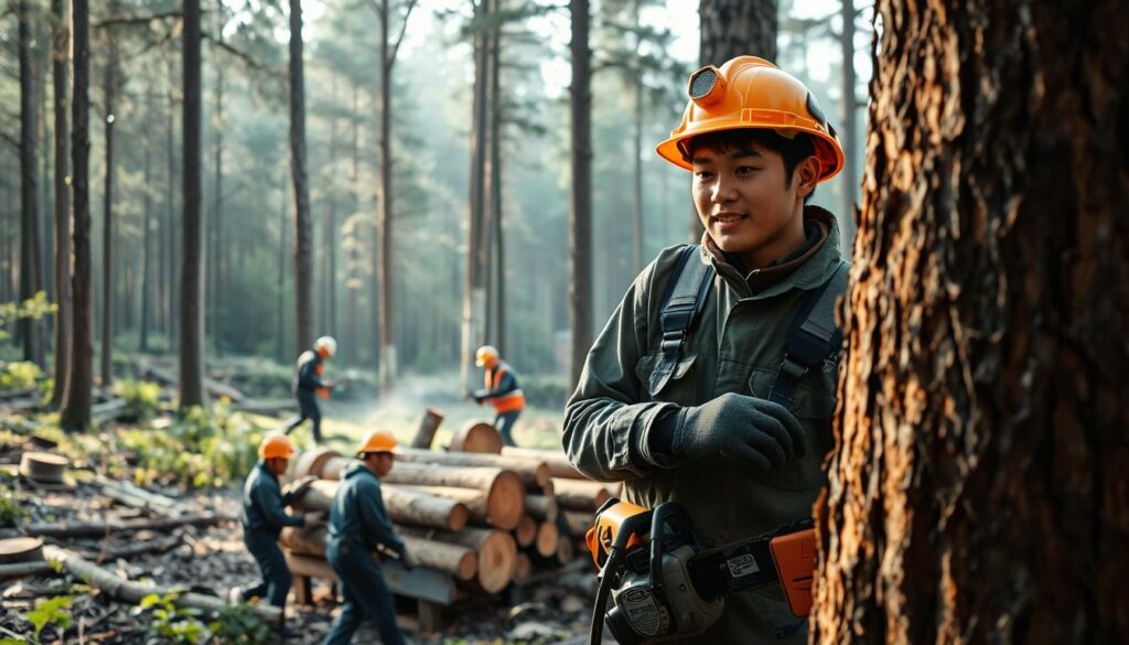 A serene forest landscape, illuminated by soft, diffused natural light. In the foreground, a young, hardworking Japanese forestry worker, clad in sturdy work gear, meticulously inspects the bark of a towering tree, assessing its health and vitality. In the middle ground, two colleagues operate a powerful chainsaw, skillfully felling a marked tree, their movements coordinated and efficient. In the background, a group of workers haul freshly cut logs onto a transport vehicle, their faces reflecting the satisfaction of a job well done. The scene conveys the rhythmic flow of a day's work in the forestry industry, where dedication, teamwork, and a deep respect for the natural environment are paramount.