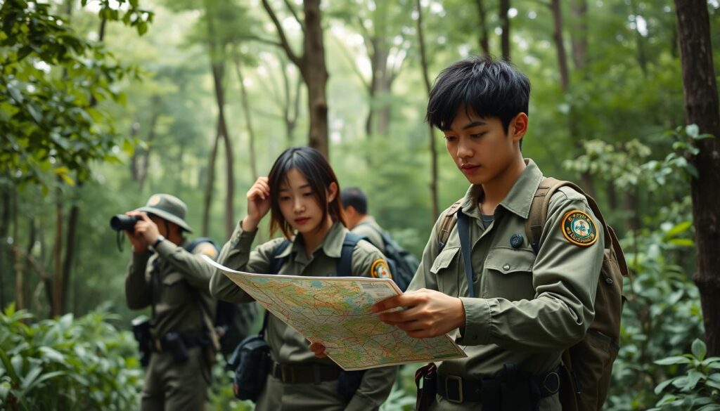 A serene forest landscape with a team of young, Japanese-looking park rangers carrying out their duties. In the foreground, two rangers are studying a map, their expressions focused as they plan their patrol route. In the middle ground, another ranger is observing wildlife through binoculars, their body language alert and attentive. In the background, the dense foliage of the forest creates a natural, tranquil setting, with soft, diffused lighting filtering through the canopy. The rangers wear rugged, practical uniforms and carry essential gear, conveying their commitment to environmental conservation and public service.