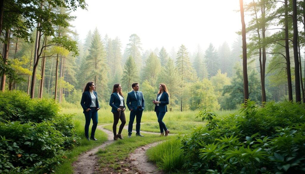 A serene forest landscape with a winding path leading to a small clearing. In the foreground, a group of young, professional-looking individuals in business attire stand together, engaged in a thoughtful discussion. Their expressions convey a sense of purpose and ambition. In the middle ground, lush greenery and towering trees create a natural backdrop, suggesting the balance between the corporate world and the natural environment. Soft, diffused lighting filters through the canopy, casting a warm, contemplative glow over the scene. The overall composition captures the idea of a career path within the context of environmental consulting, highlighting the opportunities for growth and development in this field.