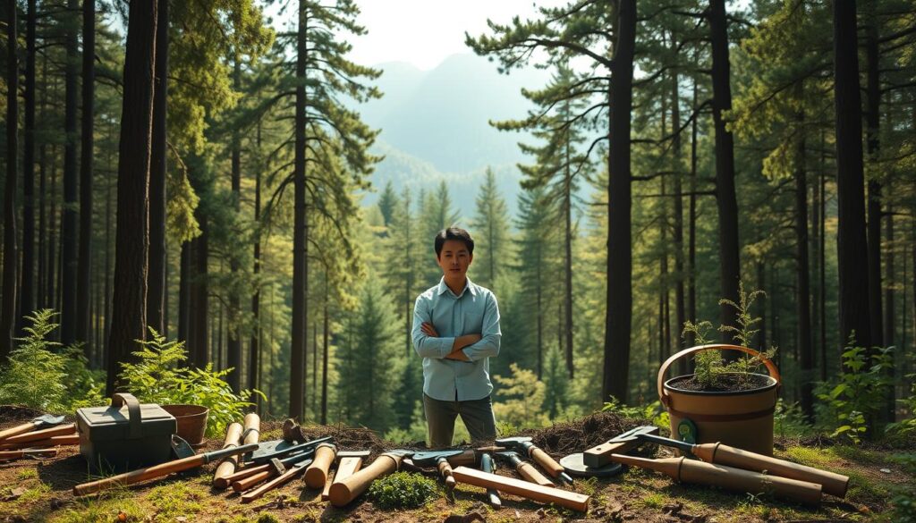 A serene forest landscape with a young, professional-looking Japanese consultant at the center. They stand confidently, surveying the lush greenery around them. In the foreground, tools and equipment related to forestry management are neatly arranged. The middle ground showcases towering trees and a sun-dappled forest floor, creating a peaceful, natural atmosphere. In the background, mountains rise up, hinting at the expansive scale of the consultant's work. Soft, warm lighting illuminates the scene, giving it a contemplative, almost meditative quality. The consultant's expression conveys expertise and dedication to their field.