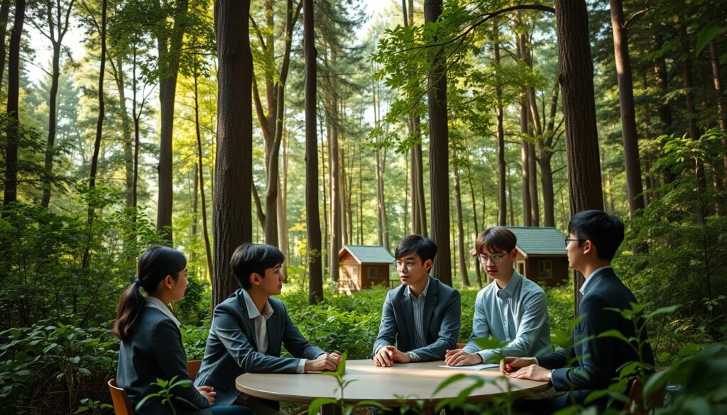 A serene forest landscape, with lush greenery and towering trees. In the foreground, a group of young, Japanese-looking individuals sit around a table, engaged in a discussion. They wear professional attire, suggesting they are forest consultants. The lighting is soft and natural, with the sun filtering through the canopy, casting a warm glow on the scene. In the background, a small wooden cabin or office building can be seen, blending seamlessly into the surroundings. The overall atmosphere conveys a sense of expertise, collaboration, and a deep connection to the natural world, reflecting the requirements for becoming a forest consultant.