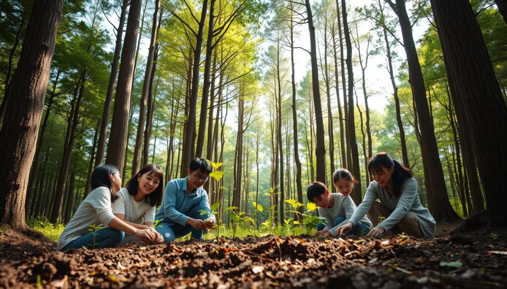 A serene forest landscape with tall, lush trees reaching towards the sky. In the foreground, a group of young Japanese individuals, their faces reflecting a harmonious connection with nature, are working together to plant new saplings, nurturing the growth of the next generation of trees. The middle ground showcases their conservation efforts, with them carefully tending to the soil and ensuring the well-being of the existing forest. In the background, a sunlit clearing reveals the verdant forest canopy, conveying a sense of environmental preservation and the positive impact of their work on the local ecosystem. The lighting is soft and natural, casting a warm glow over the scene, evoking a feeling of tranquility and social responsibility.