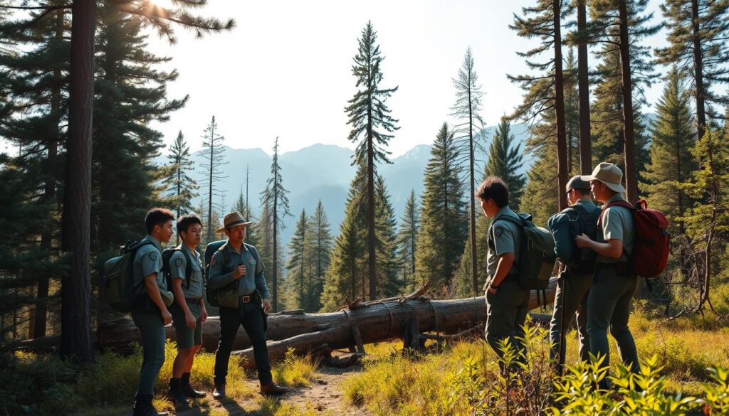 A serene forest landscape with towering evergreen trees, the sunlight filtering through the canopy, casting warm hues upon the forest floor. In the foreground, a team of young, determined-looking Japanese park rangers, equipped with backpacks and outdoor gear, huddle together, discussing strategies and plans. Their expressions convey a sense of purpose and dedication as they navigate the challenges of their roles. In the middle ground, we see a fallen tree blocking a hiking trail, representing an obstacle the rangers must overcome. The background depicts a majestic mountain range, hinting at the vast wilderness the rangers are tasked with protecting and maintaining. The overall scene evokes a balance of tranquility and resilience, capturing the essence of the rangers' responsibilities and the environmental concerns they must address.