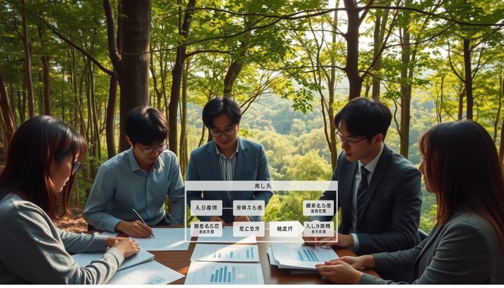 A serene forest scene with a group of young Japanese professionals gathered around a table, studying financial documents and charts. The lighting is soft and natural, with sunlight filtering through the lush canopy overhead. In the middle ground, a detailed diagram illustrates the structure and components of the "林業年収システム", depicting the various factors and mechanisms that determine the income of forestry workers. The background features a panoramic view of the surrounding woodland, conveying a sense of the industry's connection to the natural environment. The overall atmosphere is one of collaborative analysis and a thoughtful approach to understanding the complexities of the forestry sector's compensation model.