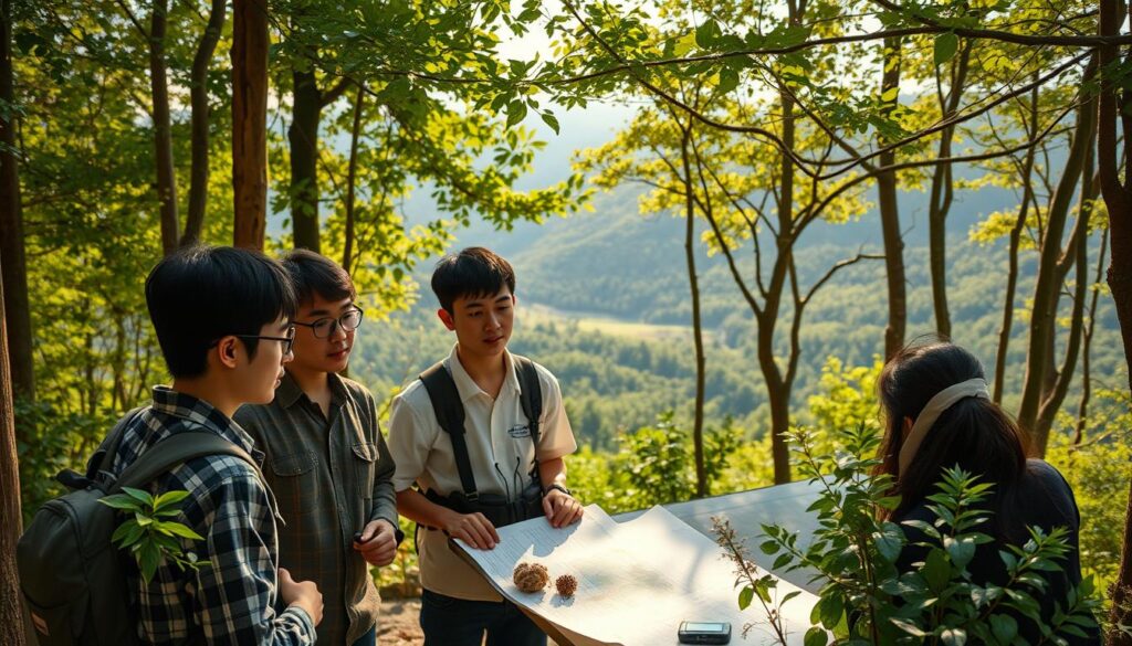 A serene forest setting, with sun-dappled rays filtering through the lush canopy of verdant trees. In the foreground, a group of young, Japanese-looking men and women, their faces bearing a thoughtful, focused expression as they discuss forestry concepts, surrounded by an array of topographical maps, plant samples, and technical equipment. The middle ground showcases a diverse range of flora and fauna, highlighting the ecological complexities a forest consultant must navigate. In the background, a panoramic view of the rolling hills and valleys, conveying the vastness and grandeur of the natural landscape they aim to preserve. Warm lighting and a sense of tranquility permeate the scene, reflecting the专业精神 and dedication of these forest consultants.
