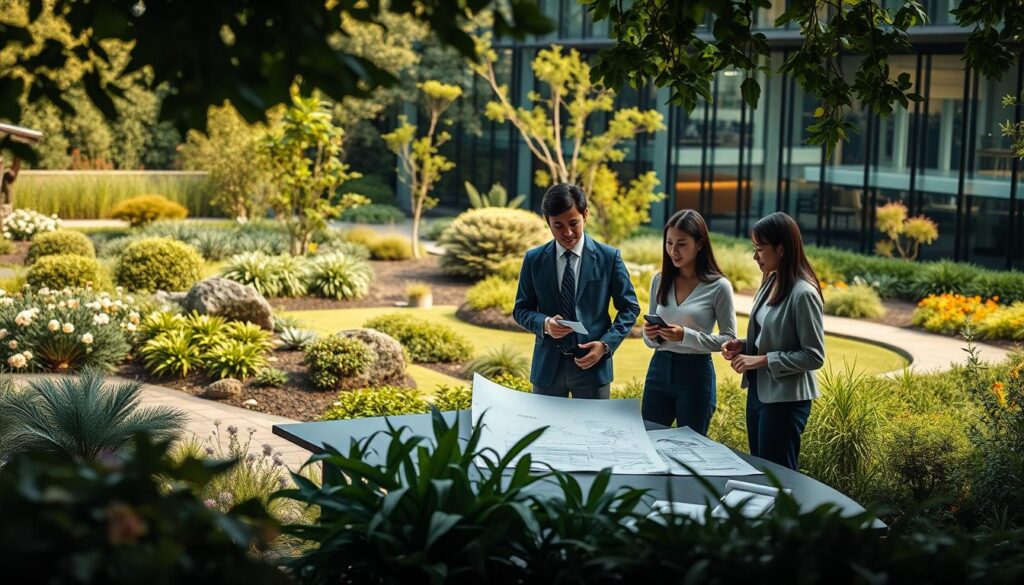 A serene garden landscape, bathed in soft, warm lighting. In the foreground, a group of young, Japanese-looking consultants engage in animated discussions, gesturing toward detailed plans and blueprints laid out on a table. In the middle ground, a lush, meticulously manicured garden featuring a variety of native plants and flowers. In the background, a modern, glass-walled office building stands, reflecting the verdant surroundings. The overall mood conveys a sense of professionalism, collaboration, and a deep appreciation for the art of landscape design.