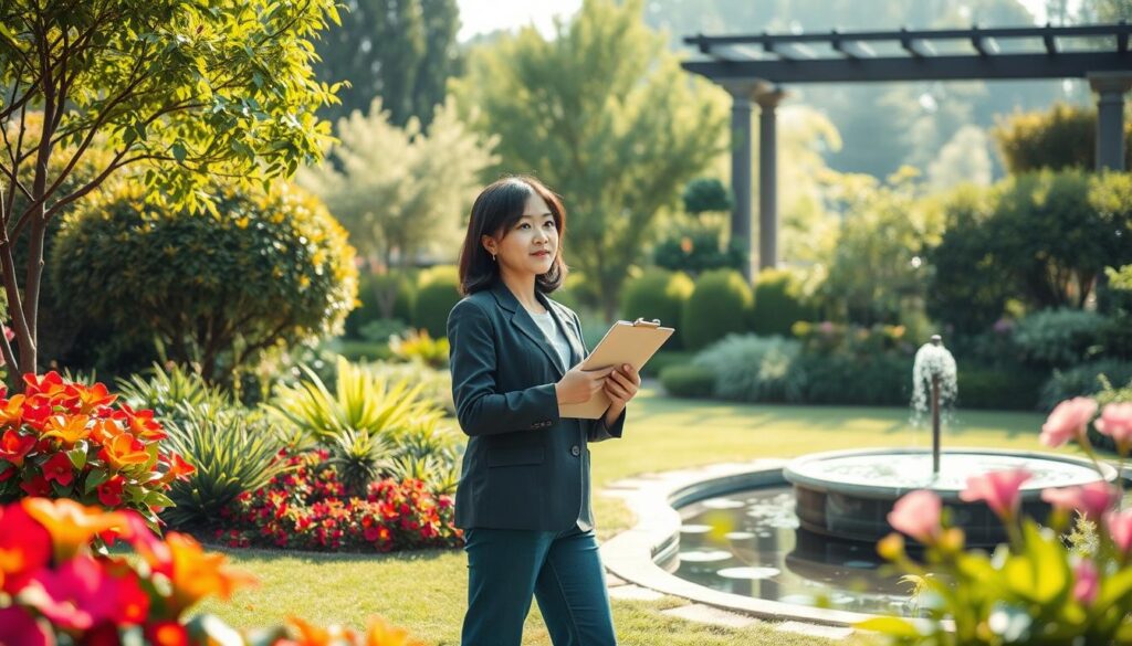 A serene garden landscape with a professional landscape consultant at the center, surrounded by lush greenery, vibrant flora, and a tranquil water feature. The consultant, a young Japanese person with dark hair, stands thoughtfully, clipboard in hand, surveying the carefully manicured environment. Soft, natural lighting bathes the scene, lending a sense of calm and expertise. In the background, architectural elements such as a gazebo or pergola hint at the consultant's ability to harmonize nature and structure. The overall mood conveys the specialized skills and deep knowledge required to excel as a landscape design professional.