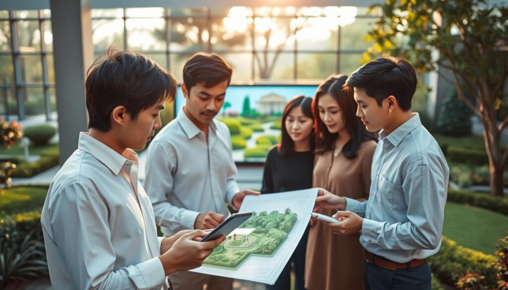 A serene garden landscape, with a team of skilled young Japanese-looking landscape consultants collaborating under the warm glow of natural lighting. In the foreground, a consultant reviews design plans on a tablet, while their colleagues discuss ideas and make notes. In the middle ground, a 3D model of a lush, verdant garden project takes shape on a large display. In the background, a panoramic view of the consultancy's modern, minimalist office space, with floor-to-ceiling windows overlooking a picturesque outdoor setting. The scene conveys the professional growth, teamwork, and creative problem-solving at the heart of a landscape consultant's career path.