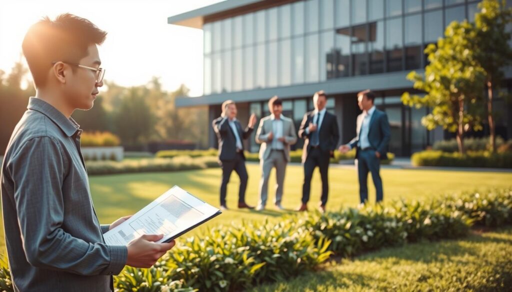 A serene garden setting with a young Japanese-looking consultant standing in the foreground, clipboard in hand, contemplating a landscape plan. In the middle ground, a group of three consultants discussing designs, gesturing animatedly. In the background, an office building with sleek modern architecture, reflecting the sky. Warm, natural lighting bathes the scene, creating a sense of professionalism and tranquility. The consultants' attire is formal yet relaxed, conveying their expertise and dedication to their craft. This image captures the career progression and collaborative nature of the landscape consulting profession.