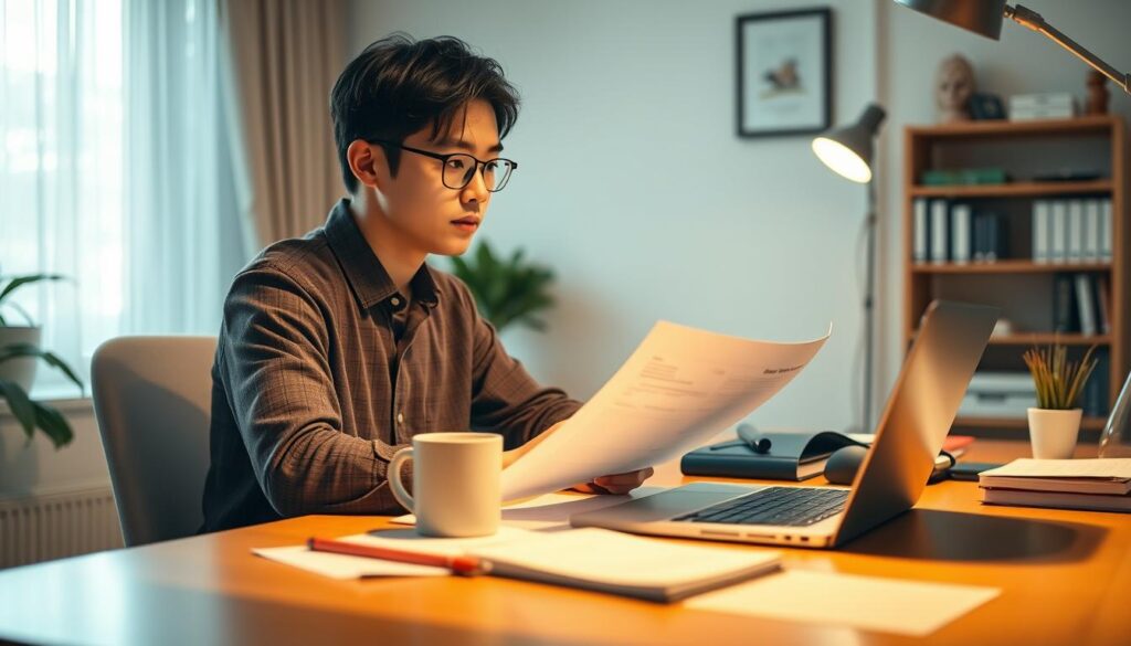 A serene home office setting with a young Japanese-looking freelance writer reviewing client documents and crafting a strategic marketing plan. Warm lighting illuminates the desk, where a laptop, stationery, and a coffee mug sit neatly arranged. In the middle ground, the writer, clad in a casual but professional outfit, contemplates their next move with focused determination. The background features minimal decor, allowing the subject to take center stage. The overall mood is one of quiet productivity and strategic planning, capturing the essence of a freelance writer's essential business acumen.