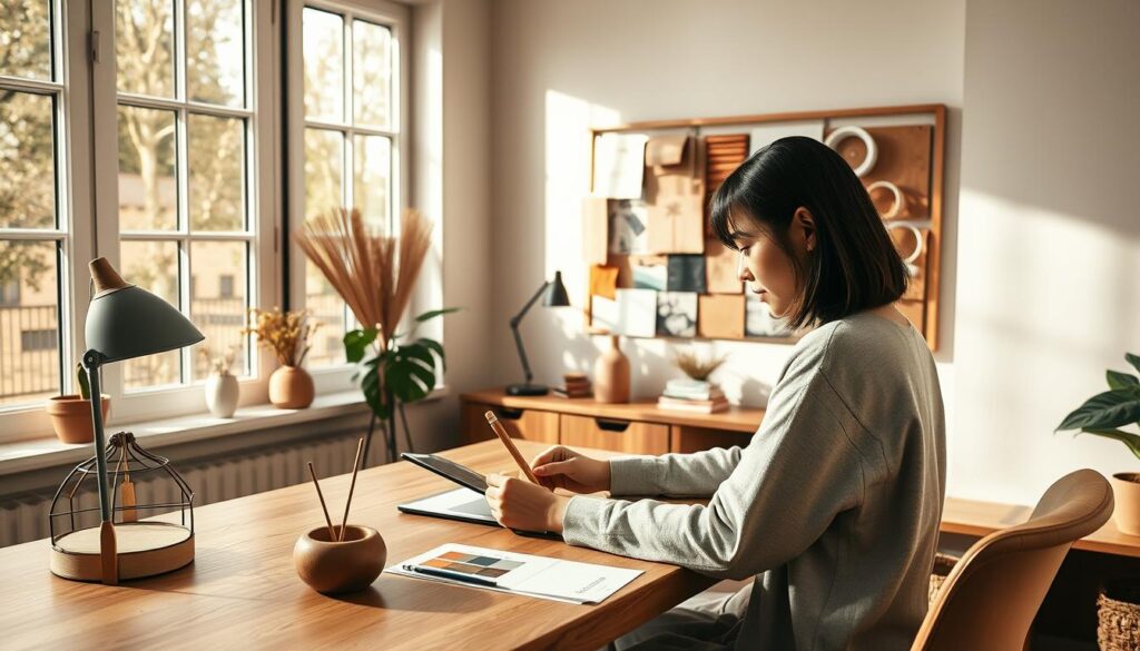 A serene home office setup, bathed in warm, natural light filtering through large windows. An interior designer sits at a minimalist wooden desk, carefully sketching plans on a tablet while surrounded by carefully curated decor and design elements. On the wall, a mood board filled with fabric samples, color swatches, and inspirational images provides a visual guide. The designer's brow is furrowed in concentration as they work to solve a design challenge, their youthful, Japanese-inspired features reflecting the thoughtful process. The room's calm, uncluttered atmosphere and earthy tones create a productive, zen-like ambiance, mirroring the designer's focused, problem-solving mindset.