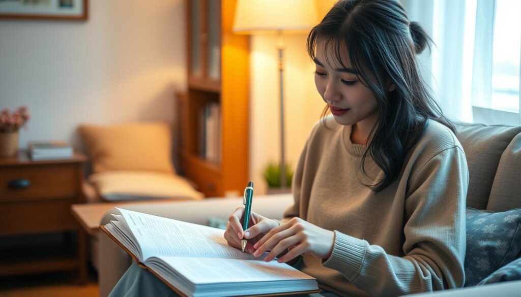 A serene home setting where a young Japanese caretaker meticulously records patient information in a medical journal. Soft, warm lighting illuminates their focused expression as they diligently document critical details. The scene conveys the importance of thorough record-keeping in providing quality elder care, with a sense of professionalism and dedication. The caretaker's features are realistic, with a youthful, natural appearance. The background is uncluttered, allowing the subject and their task to take center stage, emphasizing the gravity of their role.