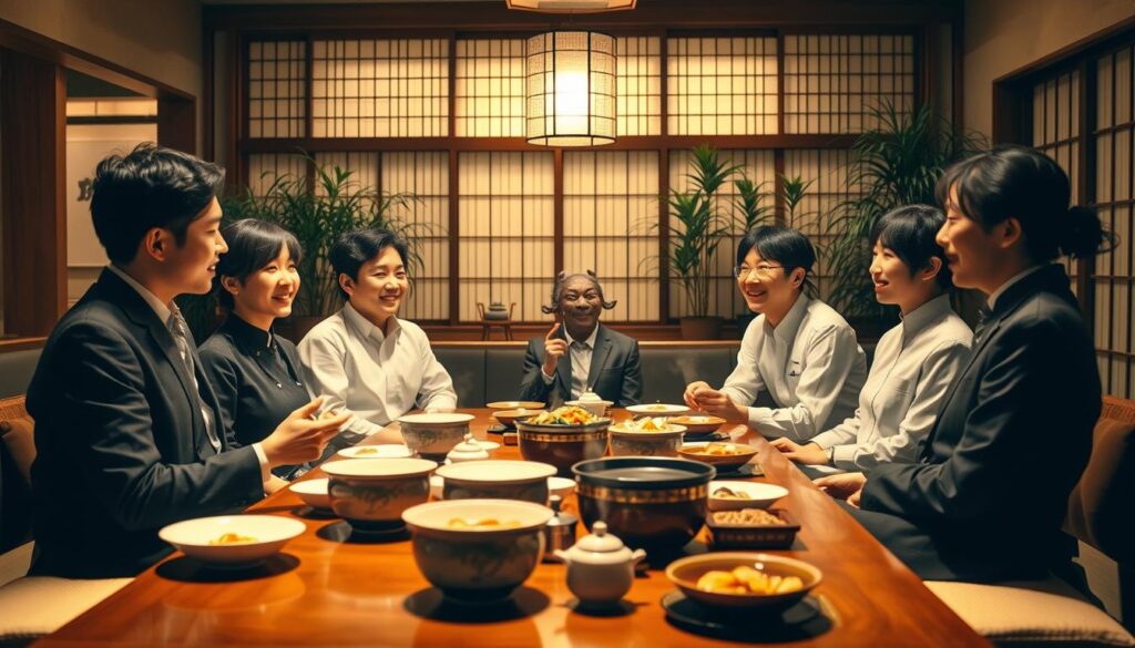 A serene indoor scene depicting a team of young, Japanese-looking staff in formal attire gathered together, engaged in conversation and enjoying a shared meal. The lighting is warm and soft, casting a cozy, inviting atmosphere. The foreground features a well-appointed dining table with fine porcelain dishware and steaming bowls of food. In the middle ground, the staff members sit around the table, their expressions relaxed and content. The background showcases the elegant, traditional-style interior of the establishment, with tatami mats, shoji screens, and potted plants adding to the refined ambiance. The overall impression conveys a sense of camaraderie, comfort, and appreciation for the staff's contributions.