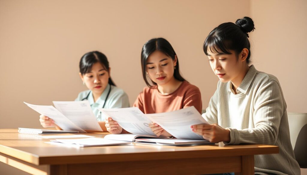 A serene indoor scene, with three young Japanese-looking individuals seated at a table, intently studying paperwork and reference materials. Warm lighting bathes the room, creating a focused, academic atmosphere. The subjects' expressions convey a sense of determination and purpose as they work towards obtaining their caregiving certification. The background is minimalist, allowing the subjects and their task to take center stage. The composition is balanced, with a clean, professional aesthetic befitting the subject matter.