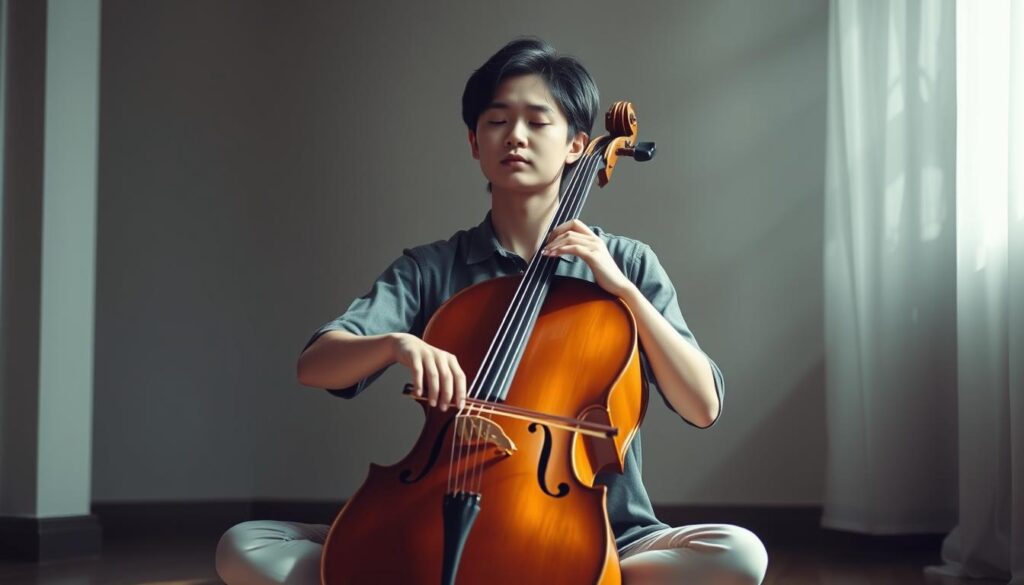 A serene, introspective scene of a young, Japanese-looking cellist immersed in a moment of mindfulness. Soft, diffused lighting bathes the figure, creating a contemplative atmosphere. The cellist sits cross-legged, eyes closed, fingers gently resting on the instrument's strings, embodying a state of deep focus and self-care. The background is blurred, emphasizing the subject's inner journey. The composition is balanced, with the cellist positioned centrally, conveying a sense of tranquility and emotional resilience. The overall mood evokes a harmonious blend of artistic expression and mental wellbeing.
