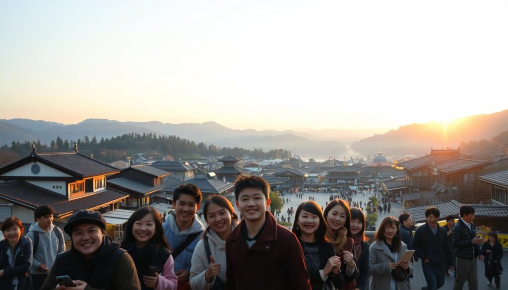 A serene landscape of a Japanese village, bathed in the warm glow of the setting sun. In the foreground, a group of young, energetic locals engage in traditional activities, their faces reflecting the vibrancy and pride of their community. The middle ground showcases a picturesque town square, adorned with historical architecture and lively marketplaces. In the background, rolling hills and a stunning natural backdrop set the stage for this idyllic scene. The lighting is soft and diffused, creating a sense of tranquility and timelessness. This image captures the essence of regional branding and the development of tourism resources, highlighting the unique cultural heritage and the heartbeat of the local community.