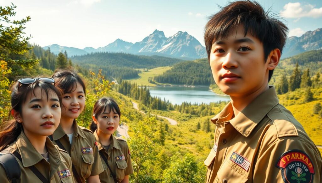A serene landscape of a lush, verdant national park, bathed in warm, golden sunlight. In the foreground, a group of young, Japanese-looking park rangers, their faces displaying a calm, thoughtful expression as they survey the pristine wilderness. Their uniforms are functional yet stylish, blending seamlessly with the natural surroundings. In the middle ground, a winding trail leads visitors through the park, while in the background, majestic mountain peaks rise up, their rugged beauty mirrored in the still waters of a nearby lake. The scene exudes a sense of harmony and purpose, showcasing the critical role of park rangers in preserving and protecting these natural wonders.