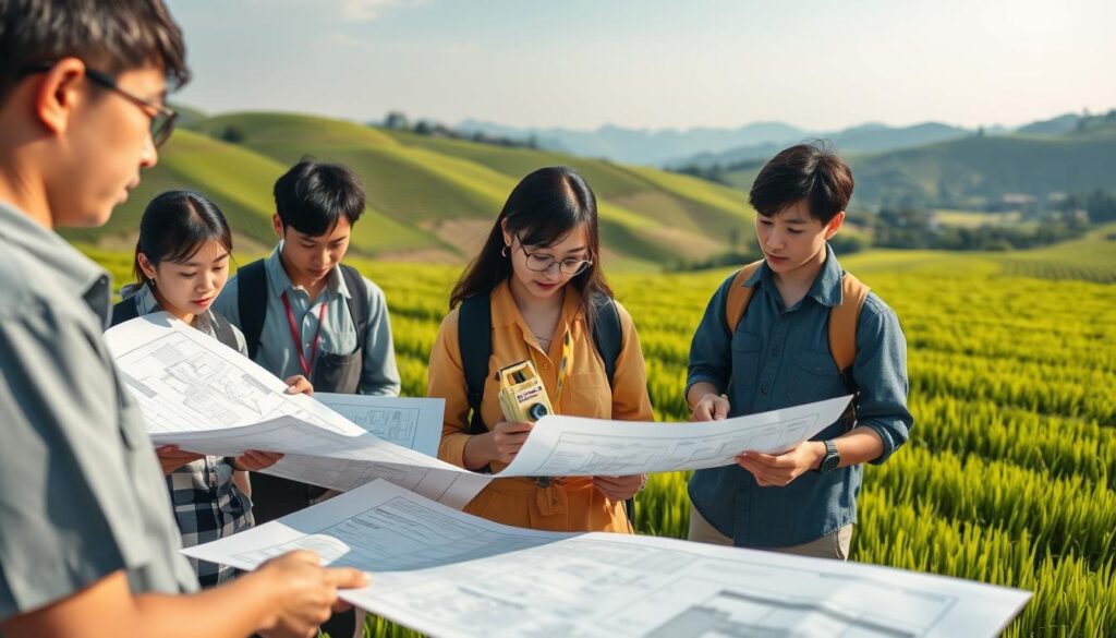 A serene landscape showcasing the intricate field of agricultural civil engineering. In the foreground, a group of young Japanese engineers, their faces expressive and focused, examine detailed blueprints and survey tools. The middle ground features verdant rice paddies, their ordered rows reflecting the precision of their craft. In the background, rolling hills and a clear sky create a sense of tranquility, highlighting the harmony between nature and human endeavor. The scene is illuminated by soft, natural lighting, capturing the technical expertise and environmental sensitivity inherent in the field of agricultural civil engineering.