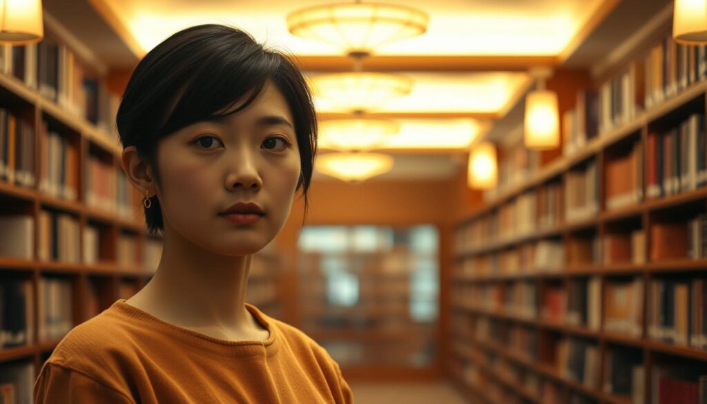 A serene library interior, softly lit by warm overhead lamps. In the foreground, a young Japanese librarian stands, their gaze intent and their posture attentive, exuding a quiet confidence and deep passion for their work. The librarian's features are distinct yet gentle, their dark hair neatly styled. In the middle ground, rows of neatly organized bookshelves line the walls, hinting at the wealth of knowledge they contain. The background is slightly blurred, but suggests a cozy, inviting atmosphere, perfect for those seeking knowledge and quiet contemplation.