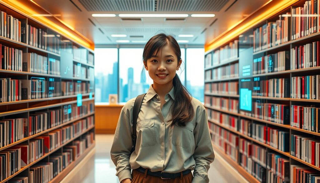 A serene library interior with a vibrant, futuristic twist. In the foreground, a young Japanese librarian stands amid bookshelves, eyes alight with a sense of purpose and optimism. The middle ground features cutting-edge technology seamlessly integrated into the space - touchscreen interfaces, holographic displays, and intelligent search algorithms. The background showcases a panoramic view of the city skyline, hinting at the librarian's expanding role in the digital age. Warm lighting, clean lines, and a harmonious color palette create a mood of professional fulfillment and technological innovation. This image captures the library of tomorrow, where the traditional role of the librarian has evolved to embrace the challenges and opportunities of the digital future.