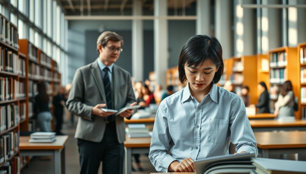 A serene library interior with natural lighting filtering through tall windows, illuminating the shelves of books and study desks. In the foreground, a young Japanese librarian in a tidy button-up shirt and slacks, absorbed in organizing cataloged materials. Behind them, a mentor figure, a seasoned librarian, gestures animatedly while conversing. In the background, a diverse group of patrons engaged in quiet study or browsing the stacks, reflecting the librarian's role in facilitating knowledge and community. The scene conveys the progression of a librarian's career, from dedicated entry-level worker to experienced leader, all within the calming ambiance of the library.