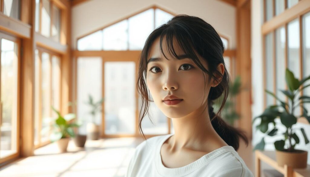 A serene, light-filled interior with a young, thoughtful-looking Japanese model posing in the center. The model has a calm, focused expression, suggesting an introspective, creative mindset. The space features clean, minimalist lines, with natural textures like wood and plants adding warmth and a sense of harmony. Soft, diffused lighting from large windows creates a tranquil, contemplative atmosphere, highlighting the model's features and suggesting the introspective nature of an interior designer's work. The overall scene conveys a sense of balance, attention to detail, and an appreciation for simple, elegant design.