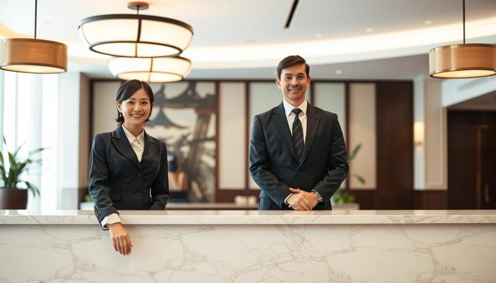 A serene lobby setting with two graceful concierges standing behind an elegant marble counter. The Japanese concierge, dressed in a crisp, formal uniform, offers a warm, attentive smile, while the international concierge, in a modern, tailored suit, exudes a poised, professional demeanor. Diffused lighting from overhead fixtures casts a soft, inviting glow, and the background features a tasteful blend of traditional Japanese and contemporary Western architectural elements. The composition emphasizes the contrasting yet complementary nature of these two hotel service professionals, capturing the unique cultural nuances and service standards of their respective industries.