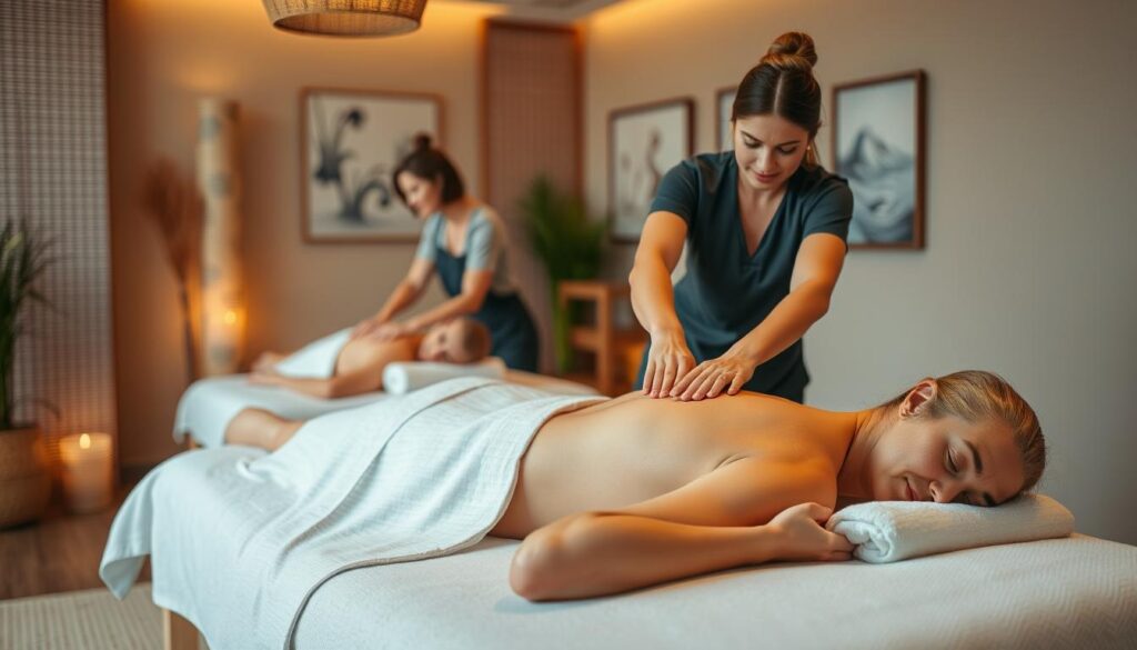 A serene massage studio with soft lighting and soothing ambiance. In the foreground, a skilled massage therapist delicately kneads the back of a relaxed client on a padded table. Their movements are precise and rhythmic, drawing out tension from the muscles. The therapist's hands move with practiced finesse, applying pressure to key points along the spine and shoulders. In the middle ground, a second therapist performs a gentle head and neck massage on another client, their expressions tranquil and peaceful. The background features Japanese-inspired decor, with bamboo accents and calming artwork adorning the walls. An atmosphere of tranquility and healing pervades the space.