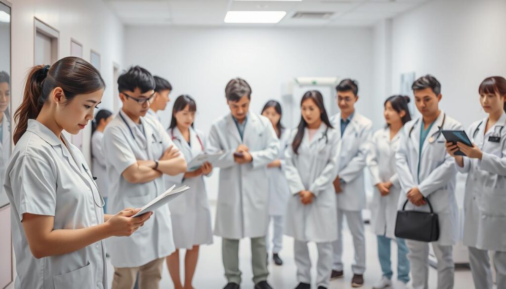 A serene medical facility with a team of skilled co-medical professionals, dressed in crisp white uniforms, standing together in a well-lit, modern setting. In the foreground, a nurse attentively examines a patient's chart, while a lab technician operates a sophisticated piece of equipment. In the middle ground, a physical therapist guides a patient through a series of exercises, and a radiologist carefully analyzes a diagnostic image. The background showcases the diverse range of co-medical specialties, each represented by a young, Japanese-looking individual focused on their respective tasks. The overall atmosphere conveys a sense of professionalism, collaboration, and dedication to providing high-quality healthcare.