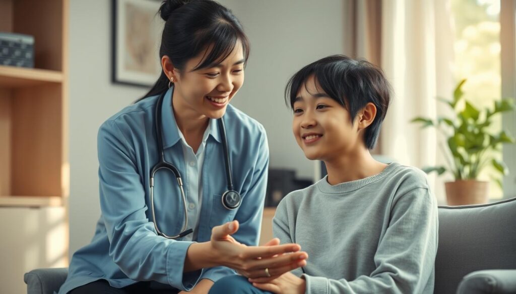 A serene mental health professional providing compassionate support to a young Japanese client. The counselor, with a warm, empathetic expression, leans in attentively, guiding the client through a sensitive discussion. The scene is set in a tranquil, sun-dappled office, where muted tones and soft, diffused lighting create a calming, therapeutic atmosphere. The composition emphasizes the connection between the two figures, highlighting the specialized expertise and personalized care that defines the mental health social worker's role.