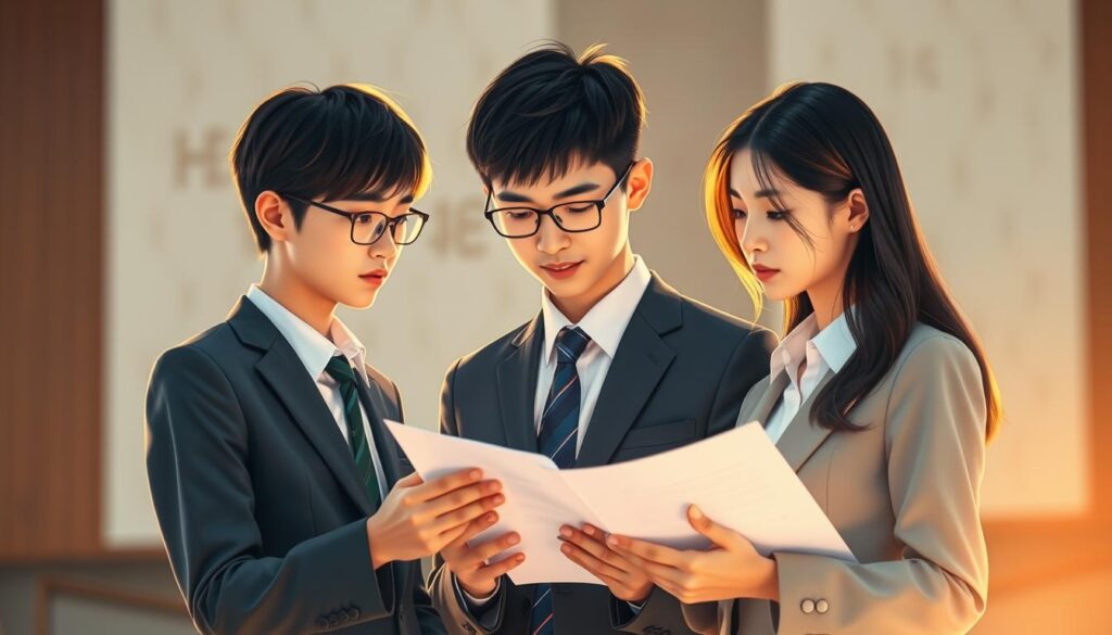 A serene, meticulously detailed illustration of the professional certification and accreditation process for the prestigious "Fellow" designation. The scene depicts three young, focused Japanese individuals dressed in formal business attire, carefully examining documents and discussing the rigorous requirements. Warm, natural lighting illuminates the foreground, while a blurred, abstract background evokes a sense of authority and prestige. The composition emphasizes the gravity and significance of the "Fellow" credential, conveying the dedication and expertise necessary to attain this esteemed recognition.