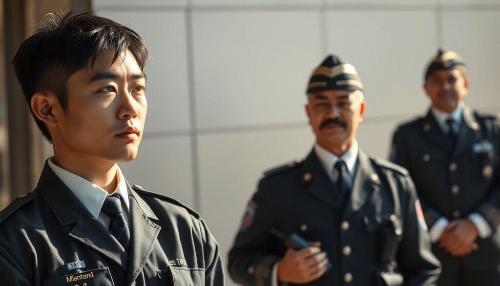 A serene, meticulously detailed scene depicting the career progression of a dedicated security guard. In the foreground, a young, serious-faced Japanese man in a crisp uniform stands vigilantly, his gaze fixed on the horizon. Behind him, a mid-career guard strides confidently, keys and radio at the ready. In the background, an experienced, seasoned guard supervises a team of younger colleagues, imparting wisdom and guidance. The scene is bathed in warm, natural lighting, conveying a sense of professionalism and purpose. The image embodies the discipline, responsibility, and growth inherent in the security guard profession.